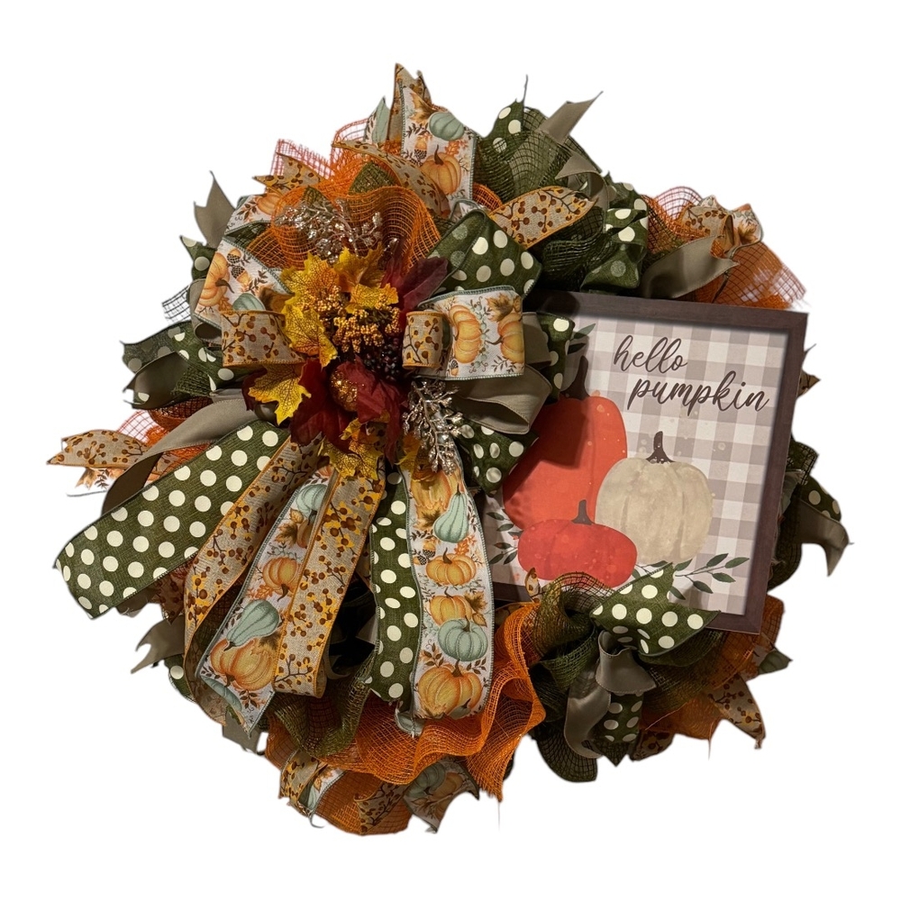 Autumn Harvest Wreath with Lush Foliage and Decorative Ribbon